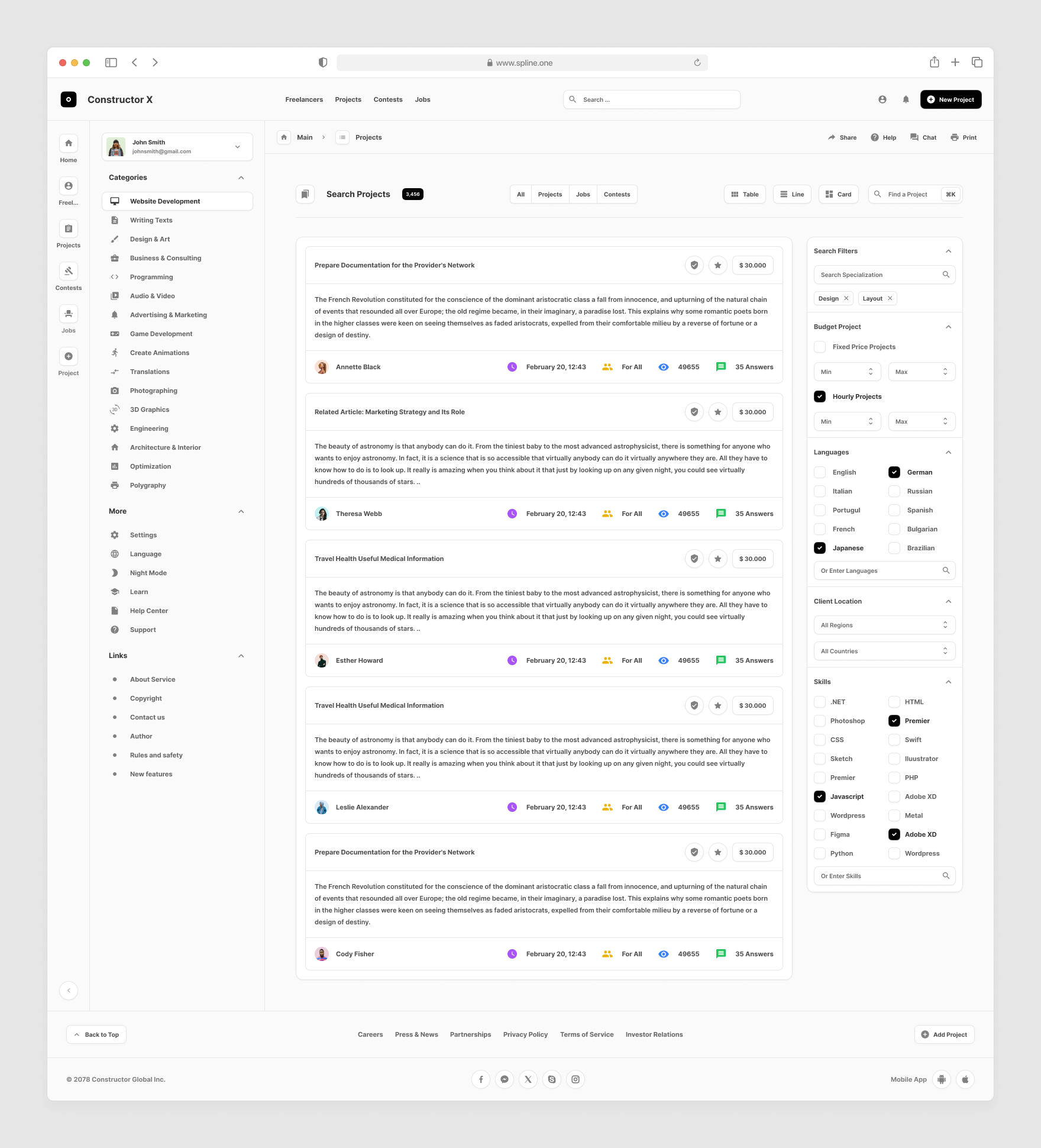 Freelance Services Templates for Figma, Left sidebar, Content navigation bar, Content footer.