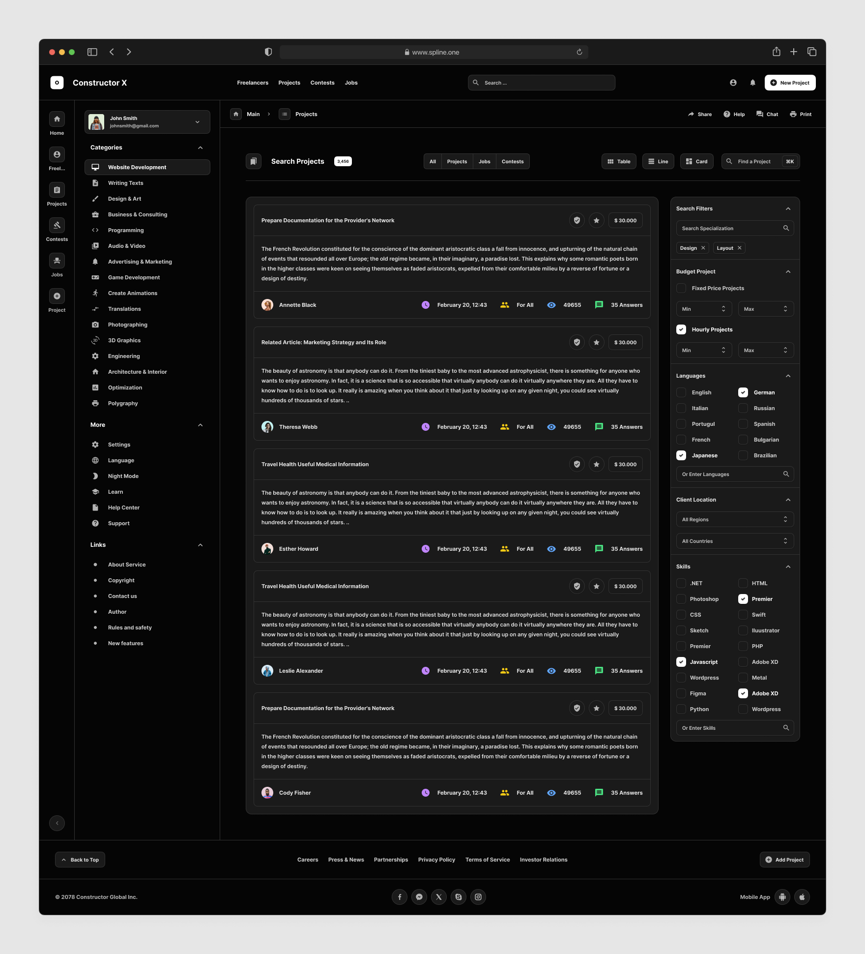 Freelance Services Templates for Figma, Left sidebar, Content navigation bar, Content footer. Dark Mode / Black Mode.