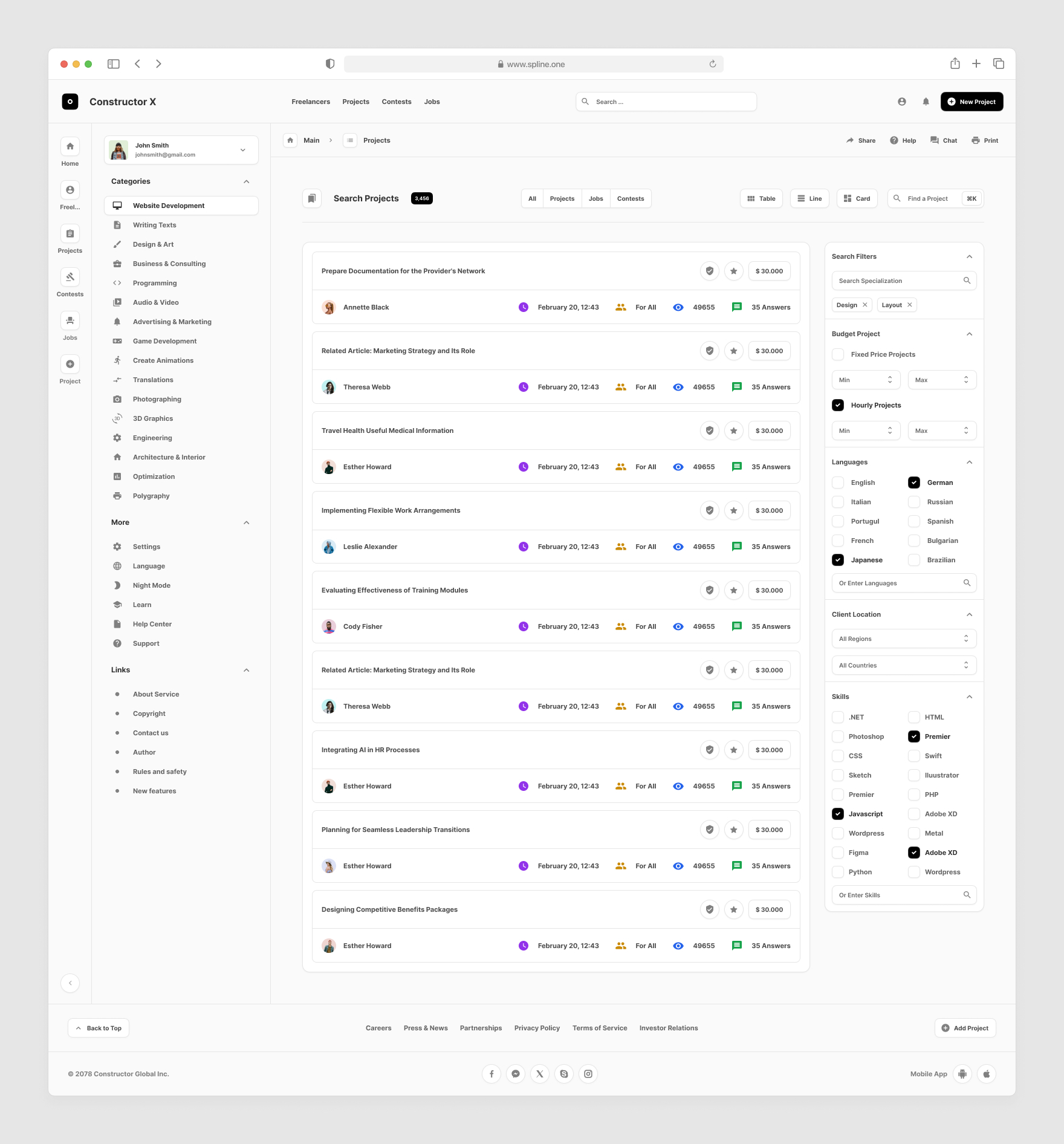 Freelance Services Templates for Figma, Left sidebar, Content navigation bar, Content footer.