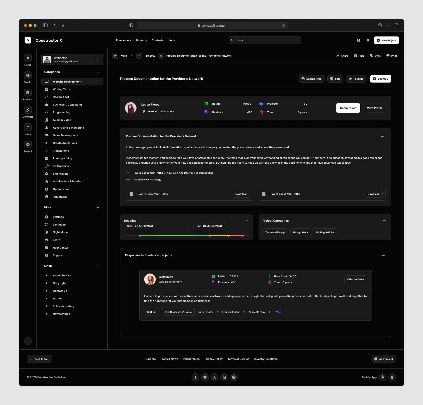 Freelance Services Templates for Figma, Left sidebar, Content navigation bar, Content footer. Dark Mode / Black Mode.