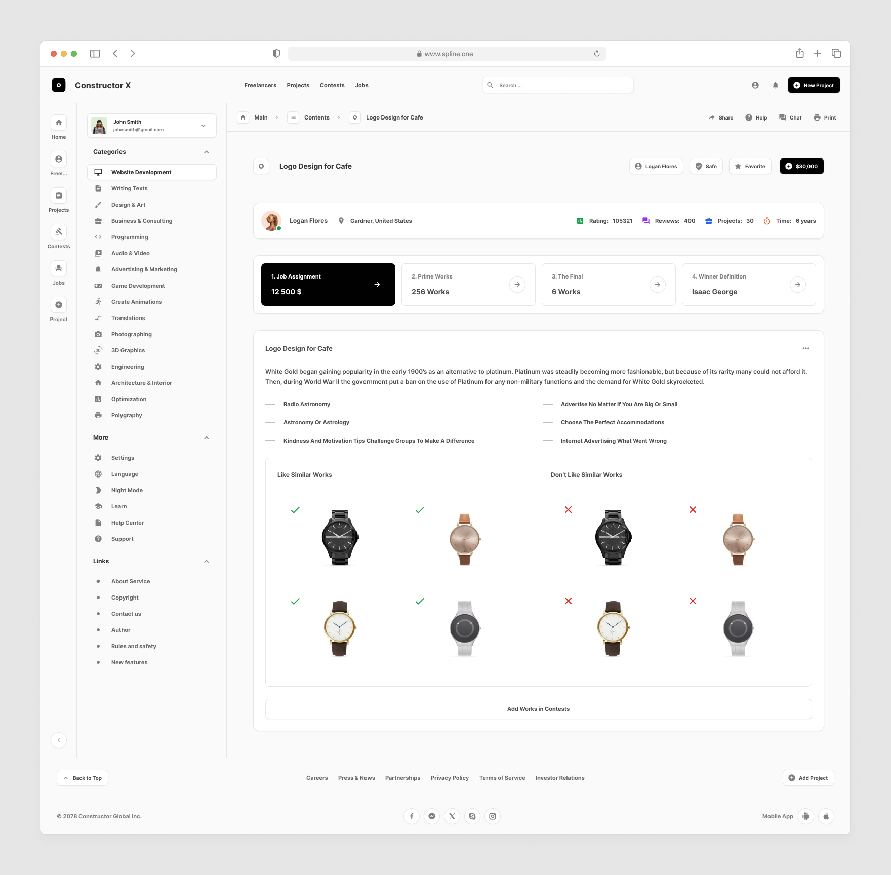 Freelance Services Templates for Figma, Left sidebar, Content navigation bar, Content footer.