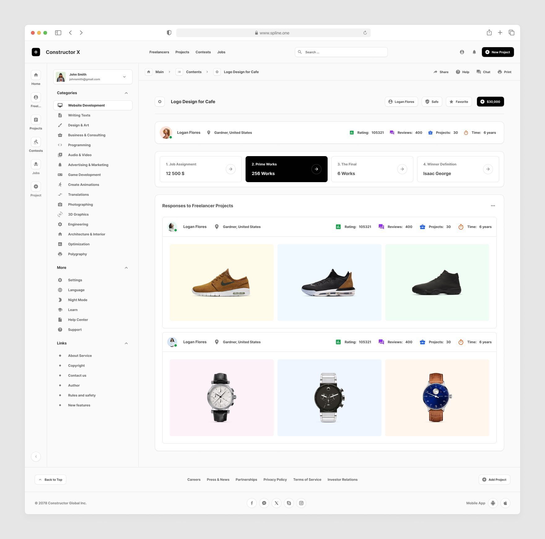 Freelance Services Templates for Figma, Left sidebar, Content navigation bar, Content footer.