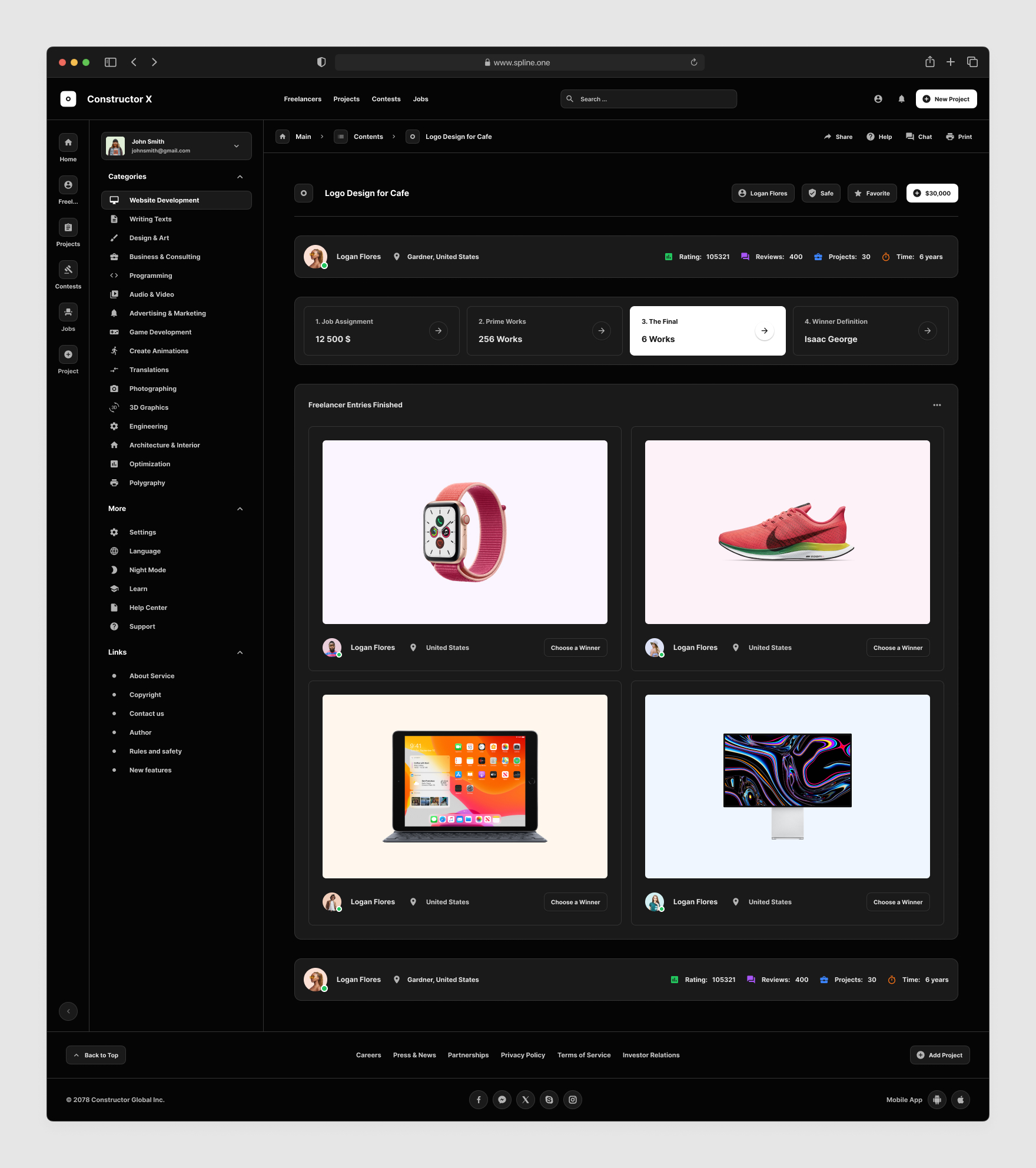 Freelance Services Templates for Figma, Left sidebar, Content navigation bar, Content footer. Dark Mode / Black Mode.