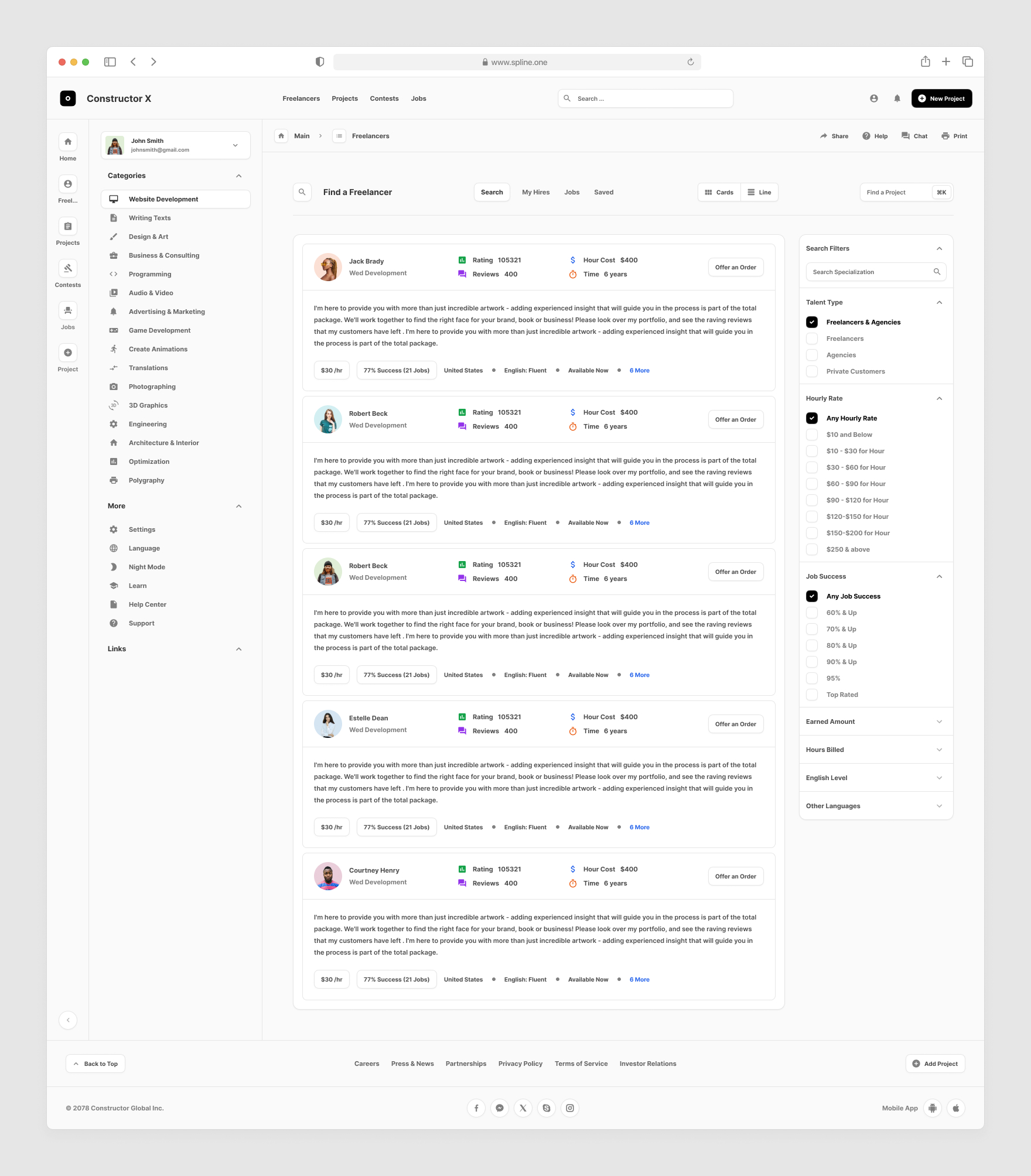 Freelance Services Templates for Figma, Left sidebar, Content navigation bar, Content footer.
