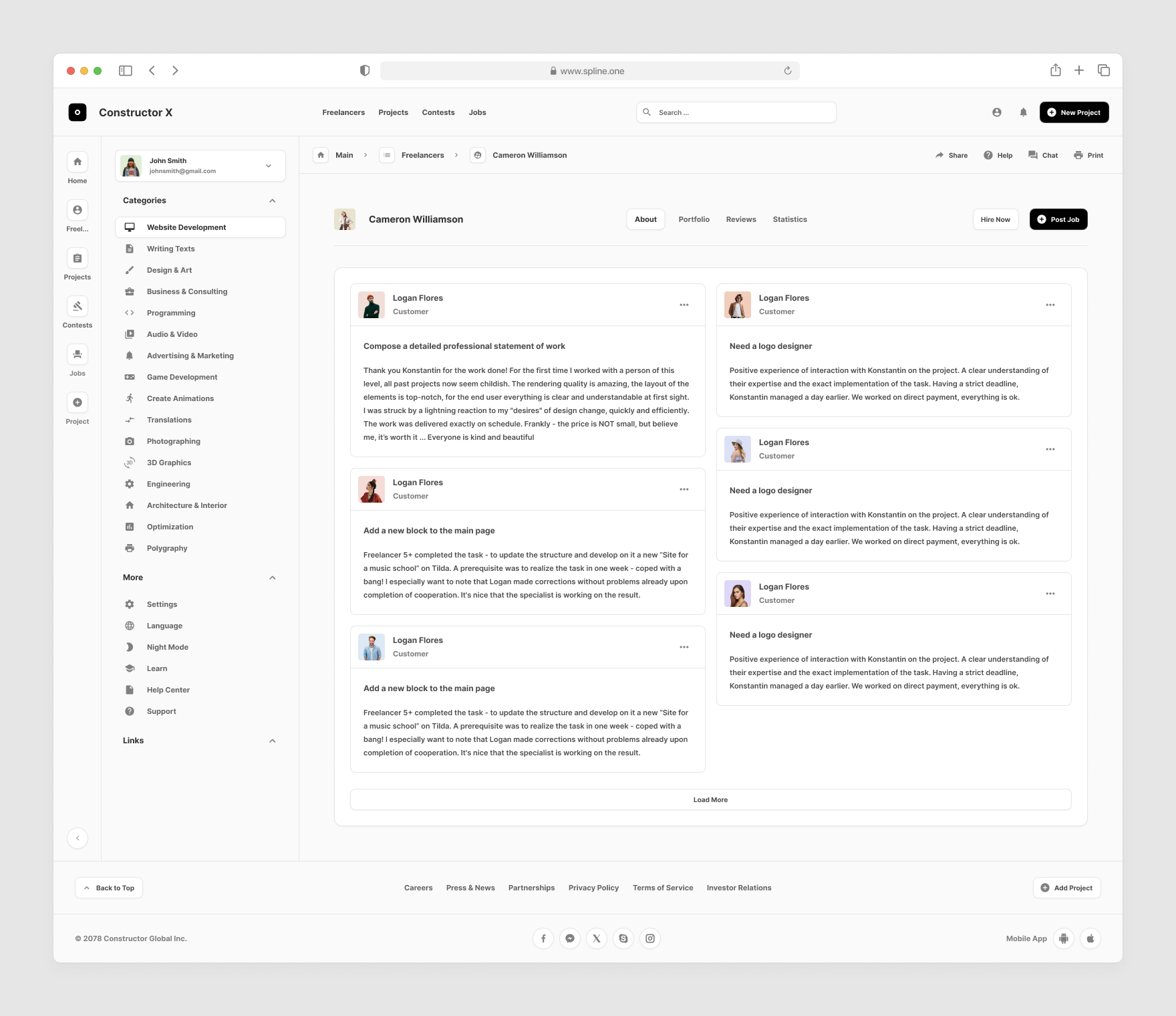 Freelance Services Templates for Figma, Left sidebar, Content navigation bar, Content footer.