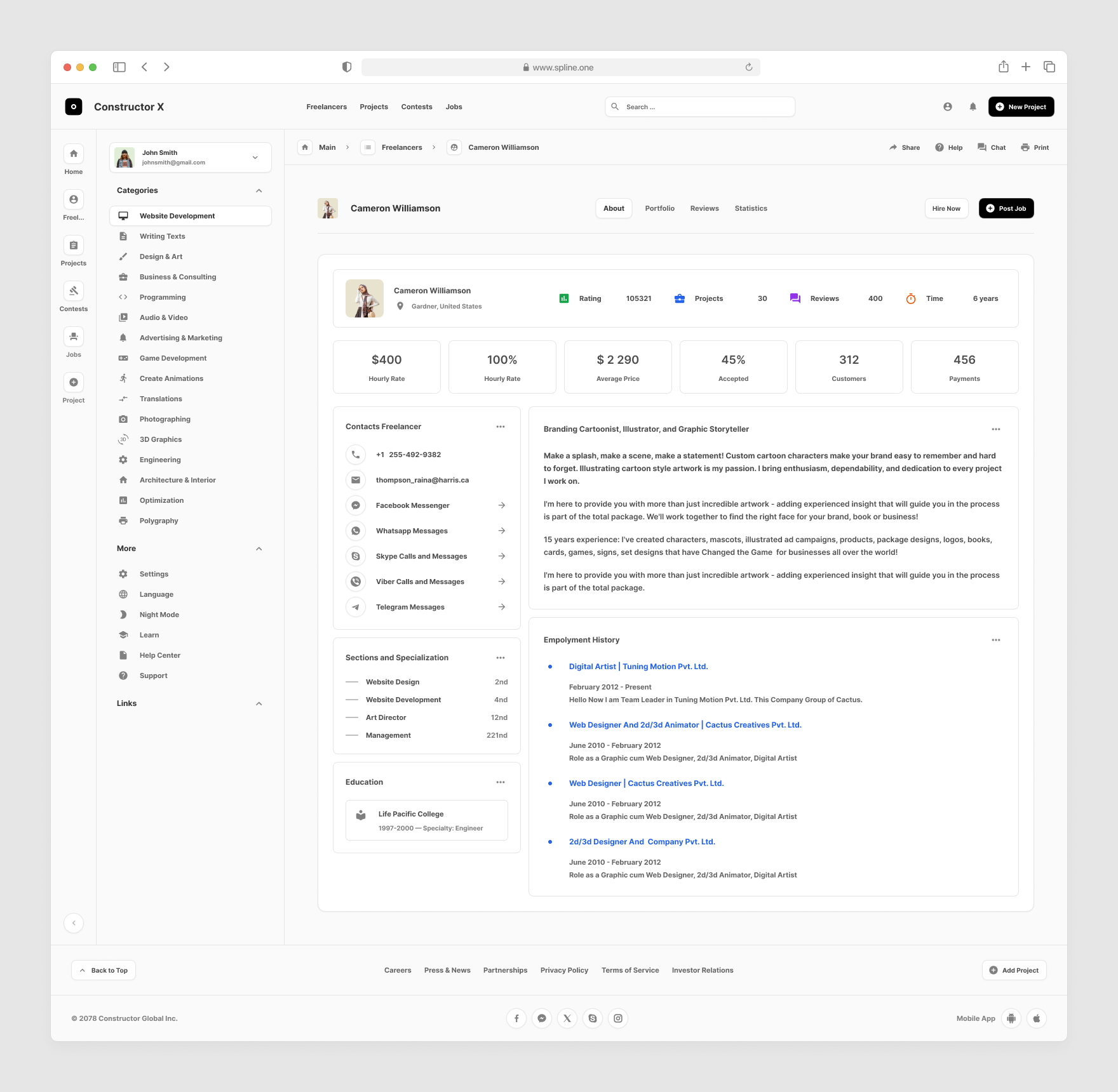 Freelance Services Templates for Figma, Left sidebar, Content navigation bar, Content footer.