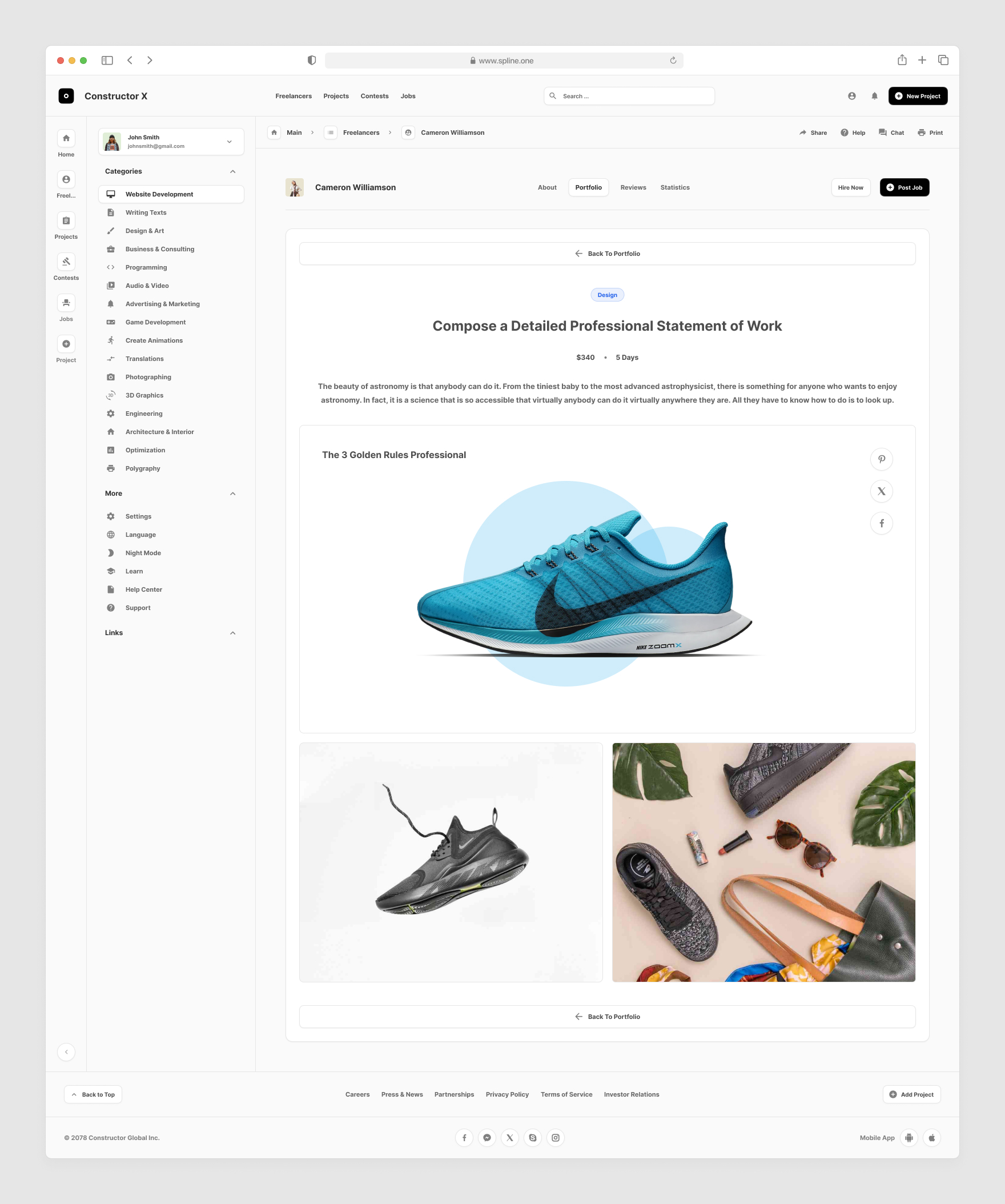 Freelance Services Templates for Figma, Left sidebar, Content navigation bar, Content footer.