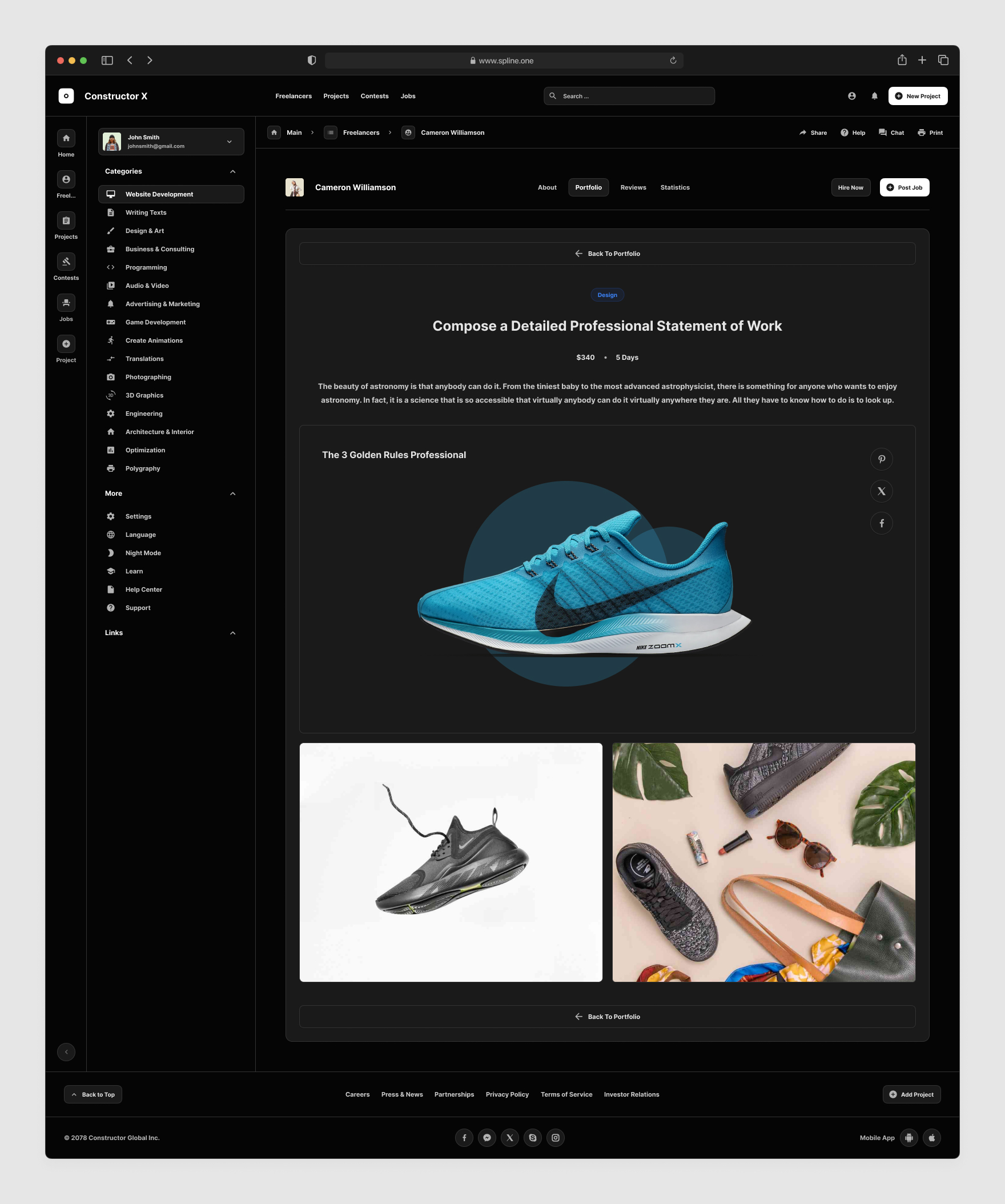 Freelance Services Templates for Figma, Left sidebar, Content navigation bar, Content footer. Dark Mode / Black Mode.