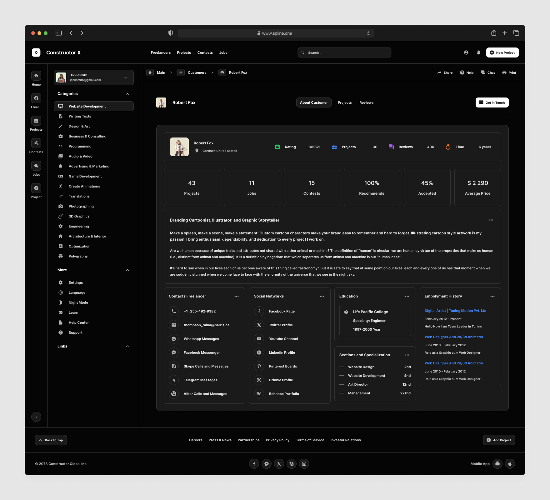 Freelance Services Templates for Figma, Left sidebar, Content navigation bar, Content footer. Dark Mode / Black Mode.