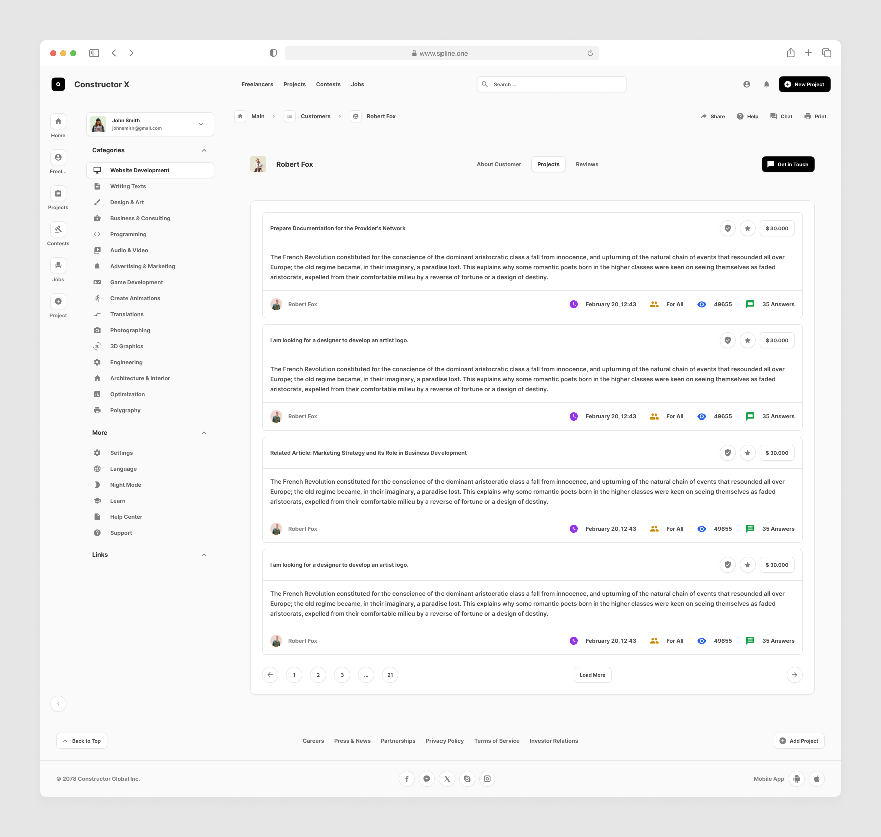 Freelance Services Templates for Figma, Left sidebar, Content navigation bar, Content footer.