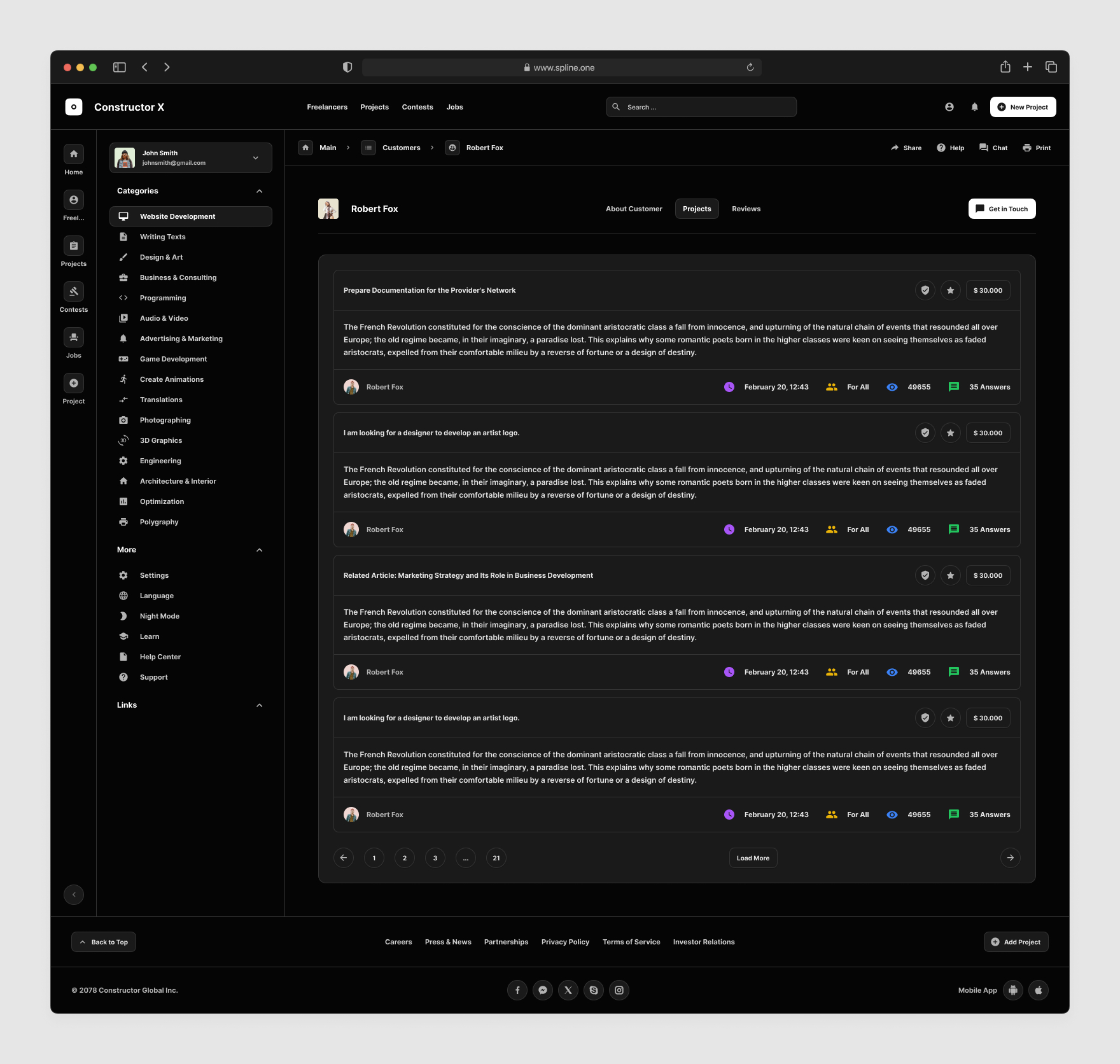 Freelance Services Templates for Figma, Left sidebar, Content navigation bar, Content footer. Dark Mode / Black Mode.