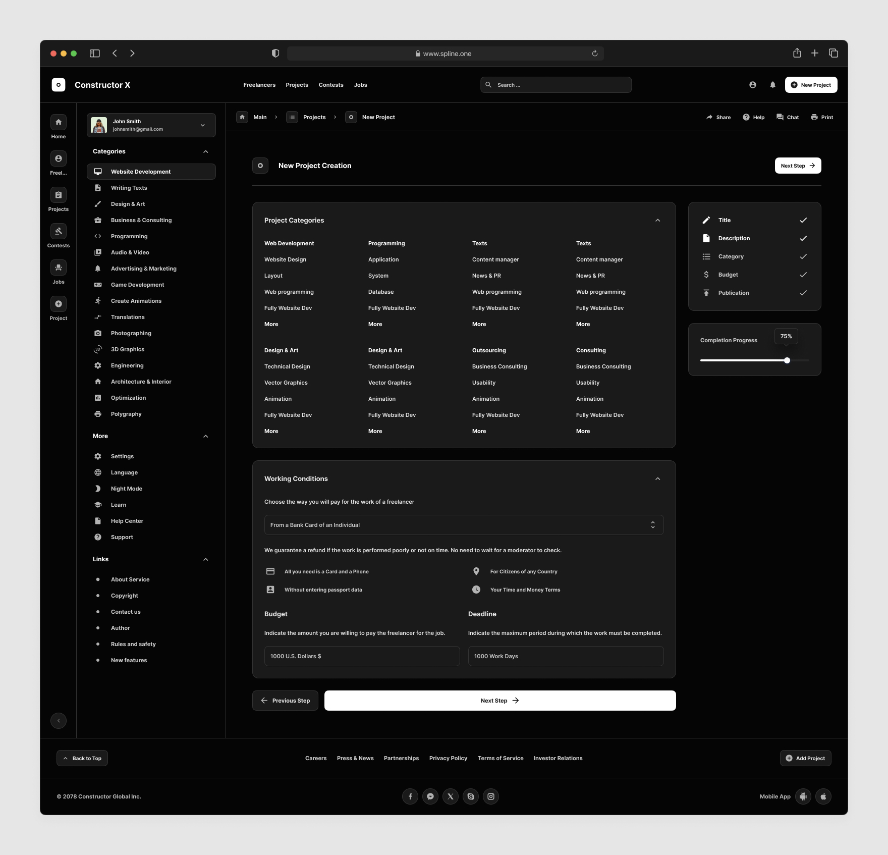Freelance Services Templates for Figma, Left sidebar, Content navigation bar, Content footer. Dark Mode / Black Mode.
