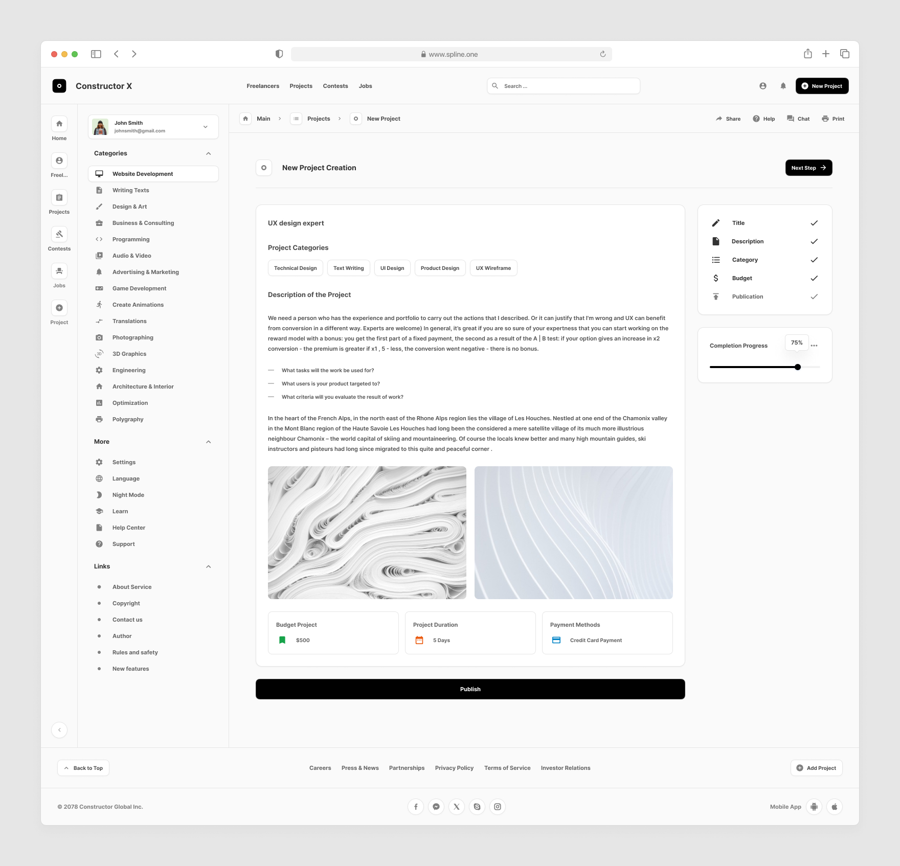 Freelance Services Templates for Figma, Left sidebar, Content navigation bar, Content footer.