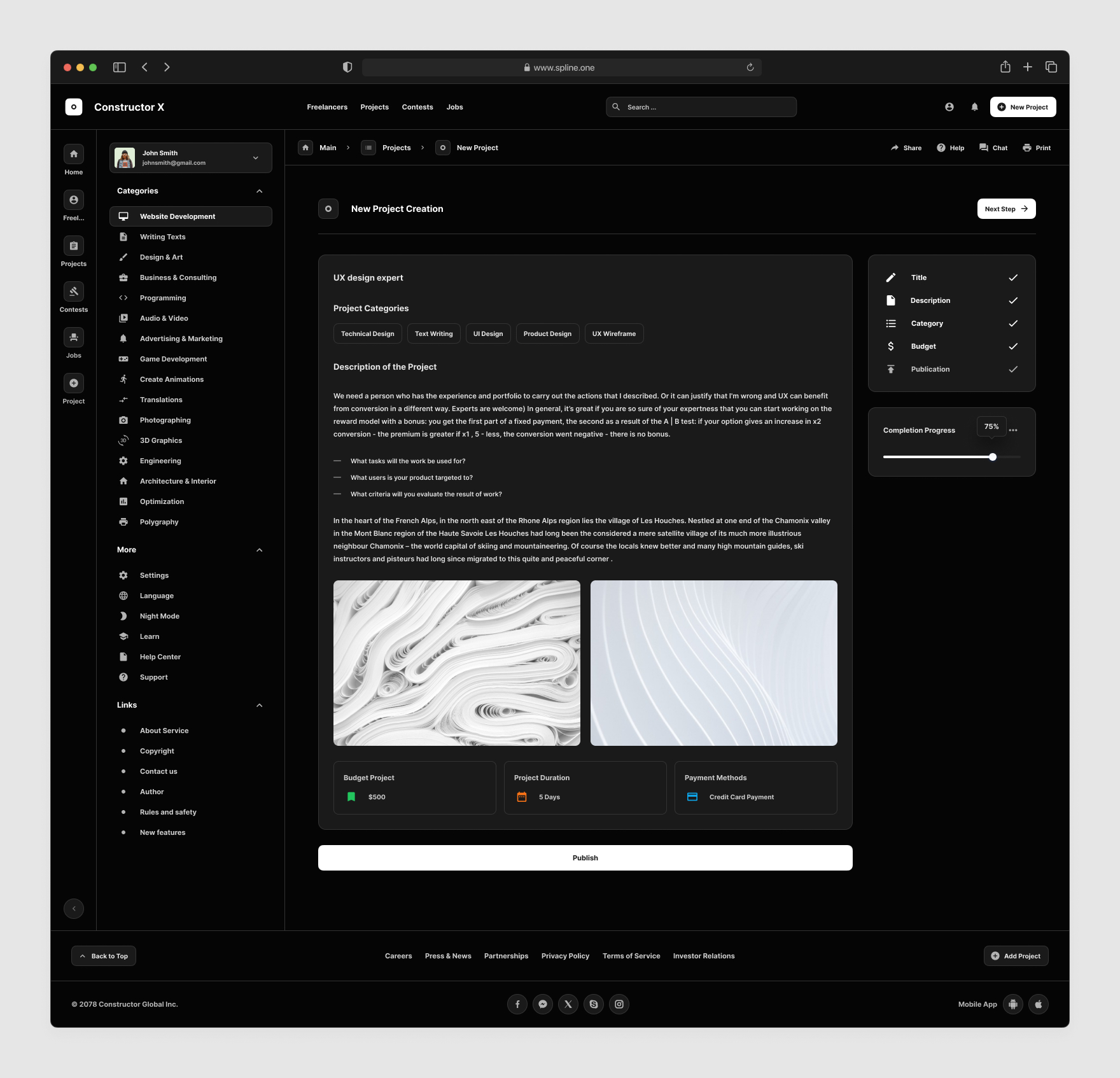 Freelance Services Templates for Figma, Left sidebar, Content navigation bar, Content footer. Dark Mode / Black Mode.
