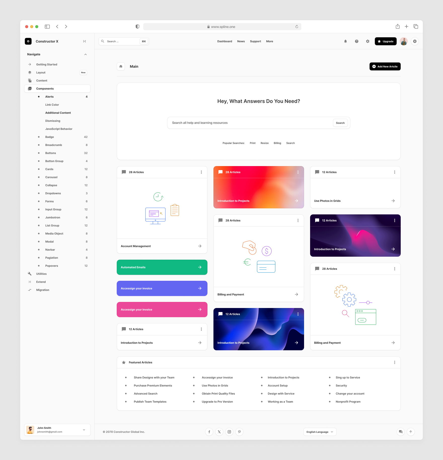 Knowledge Base Templates for Figma, Left sidebar, Content navigation bar, Content footer.


