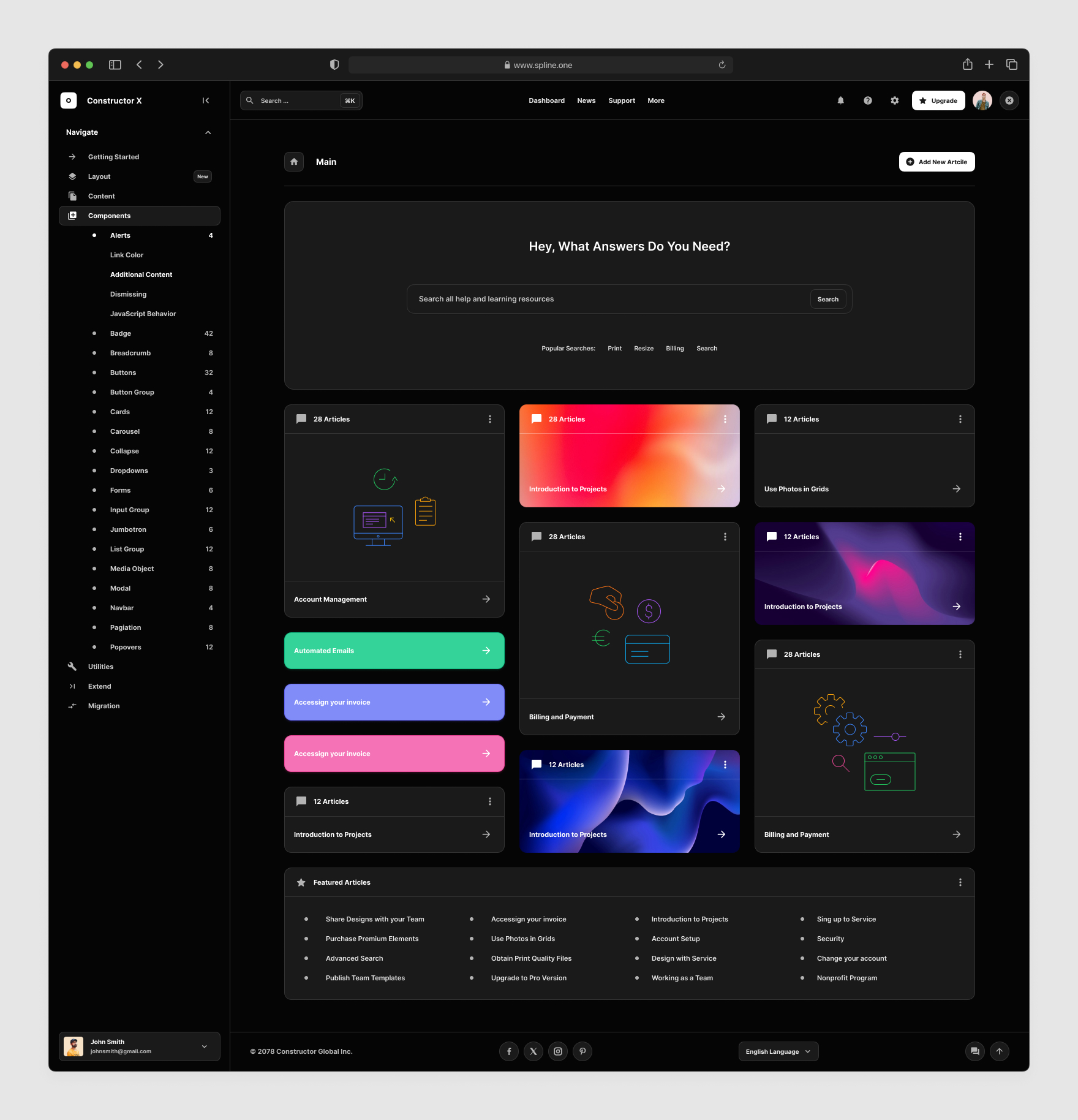 Knowledge Base Templates for Figma, Left sidebar, Content navigation bar, Content footer. Dark Theme
