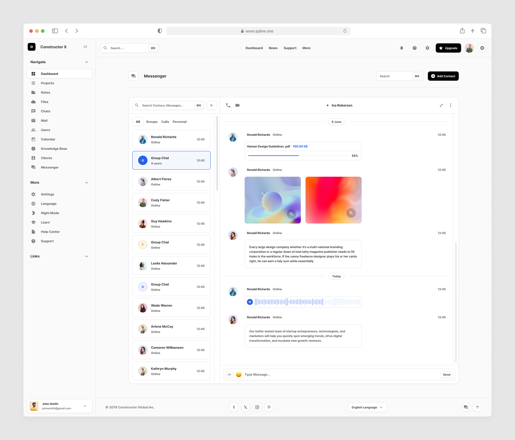 Messenger Dashboards for Figma, Left sidebar, Content navigation bar, Content footer