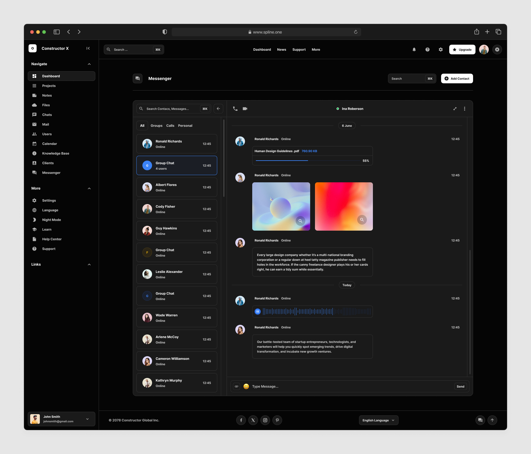 Messenger Dashboards for Figma, Left sidebar, Content navigation bar, Content footer. Dark Theme Figma