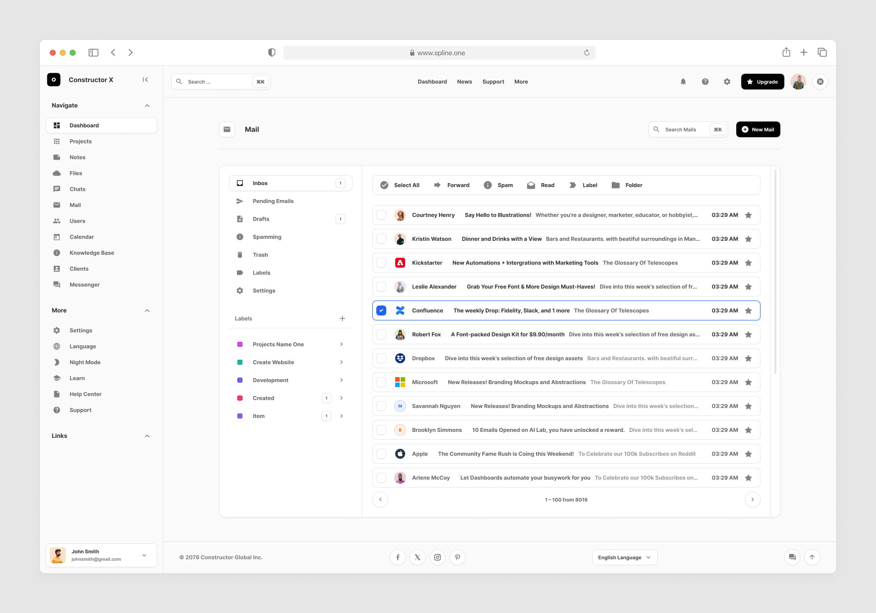 Mail Dashborads for Figma, Left sidebar, Content navigation bar, Content footer.