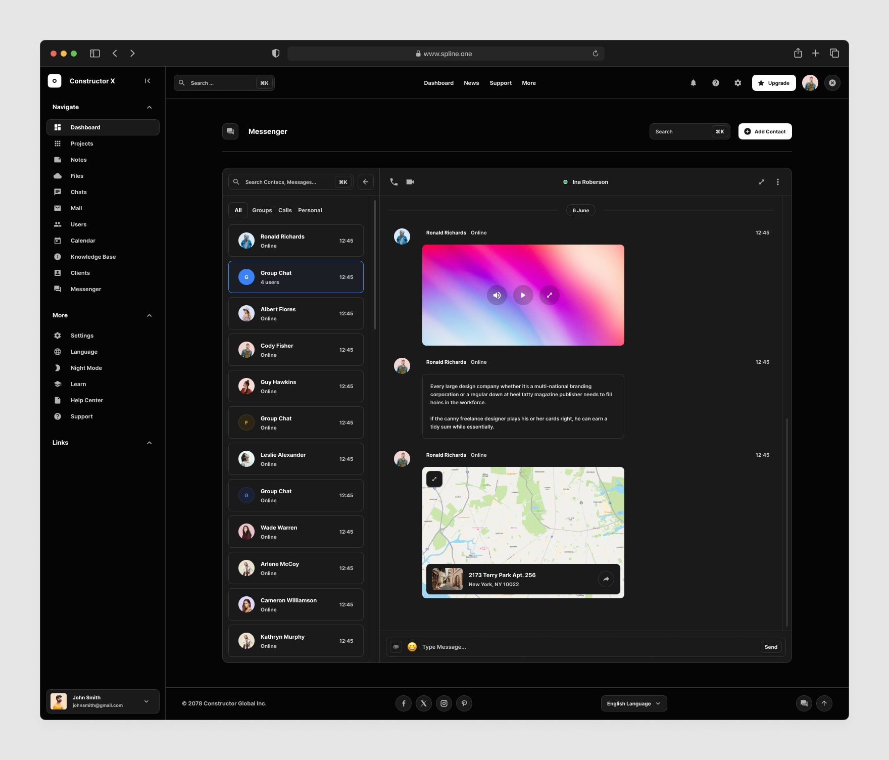 Messenger Dashboards for Figma, Left sidebar, Content navigation bar, Content footer. Dark Theme Figma