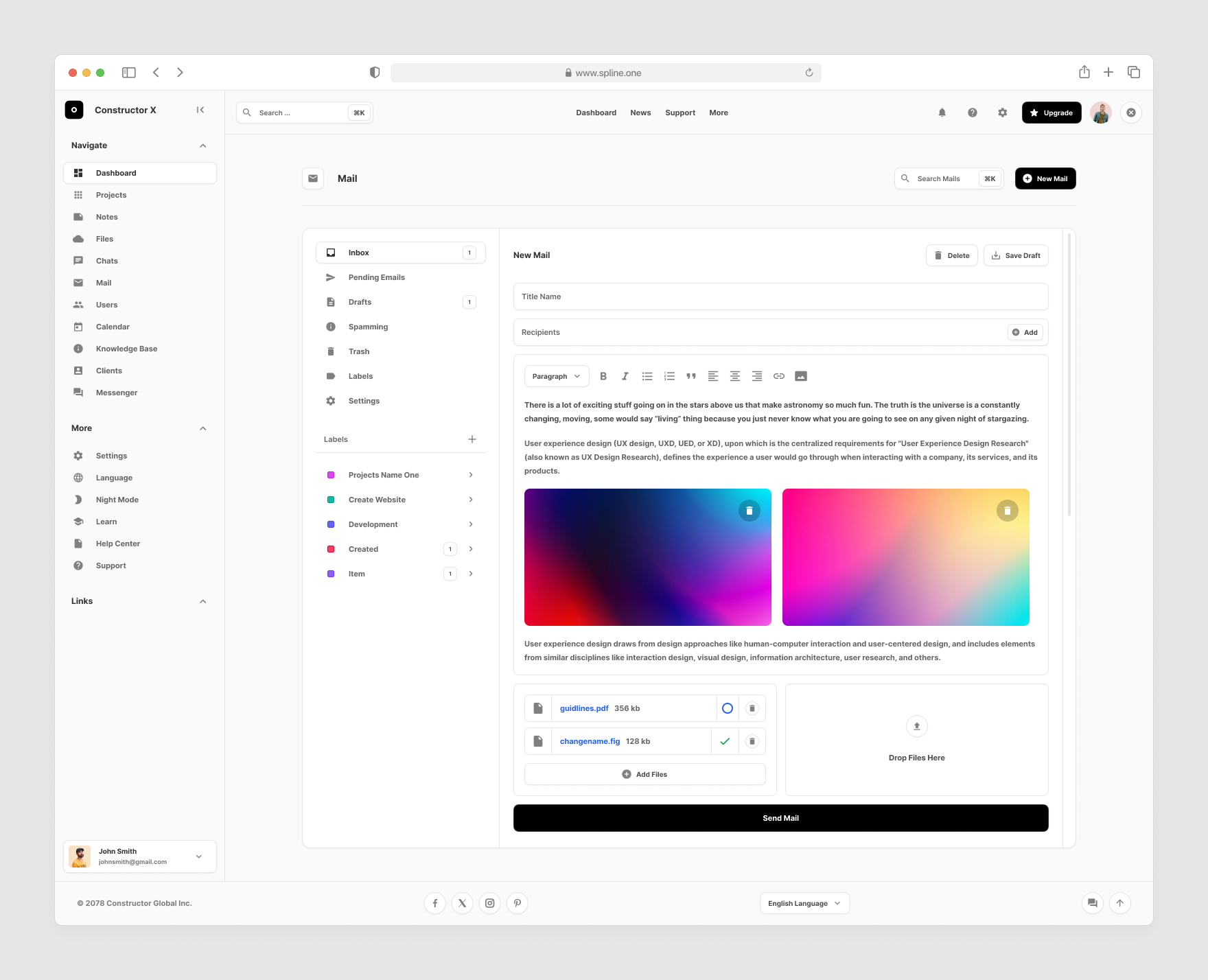Mail Dashborads for Figma, Left sidebar, Content navigation bar, Content footer.