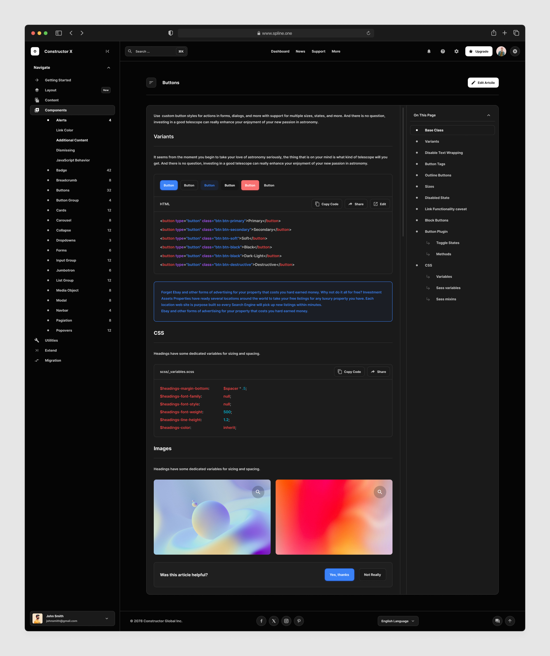 Knowledge Base Templates for Figma, Left sidebar, Content navigation bar, Content footer. Dark Theme