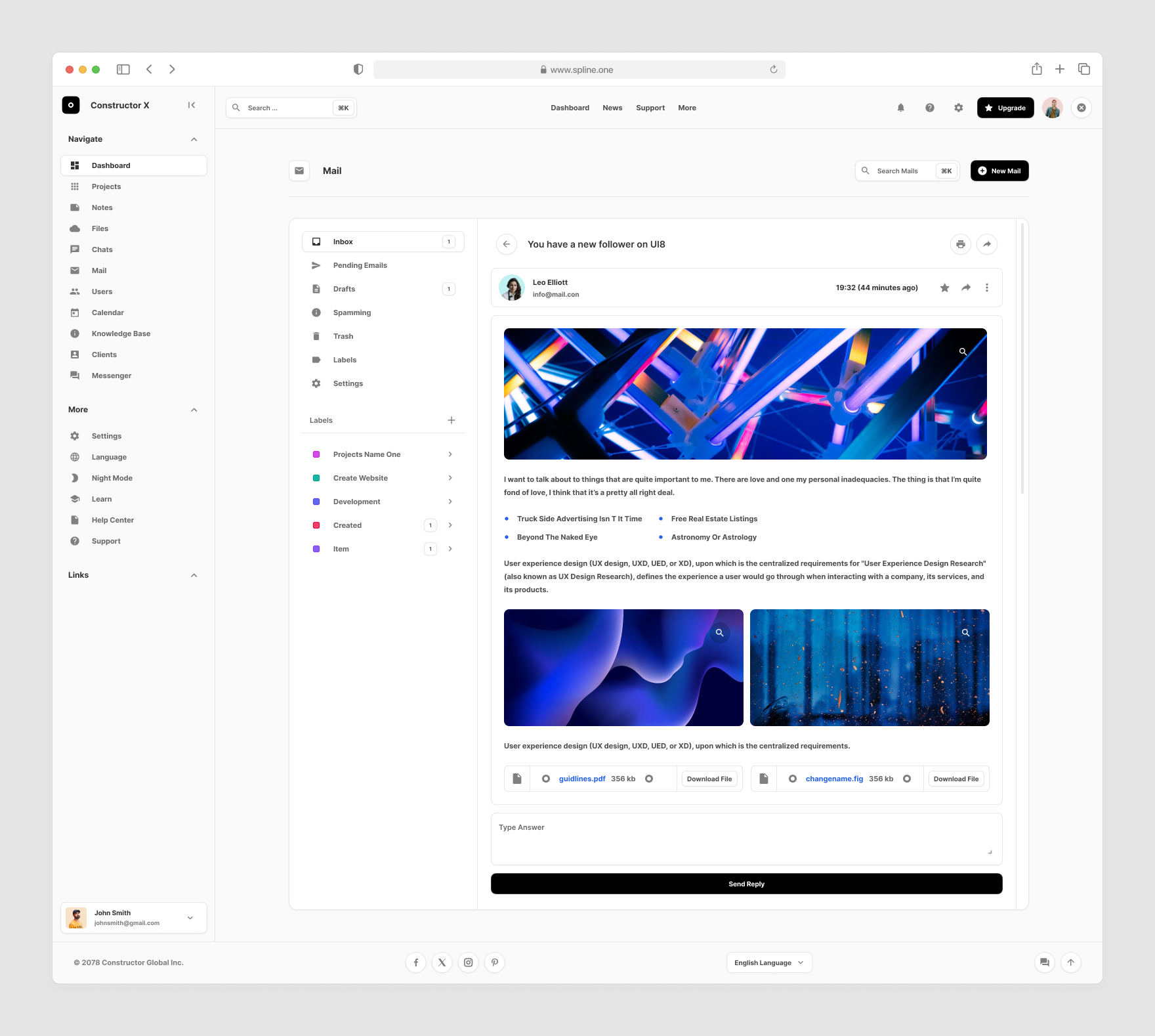 Mail Dashborads for Figma, Left sidebar, Content navigation bar, Content footer.