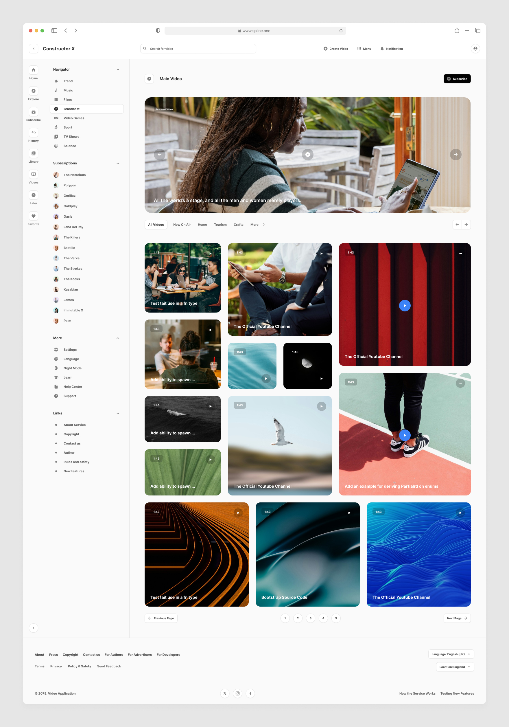 Video Service Tempaltes for Figma, Left sidebar, Content navigation bar, Content footer.