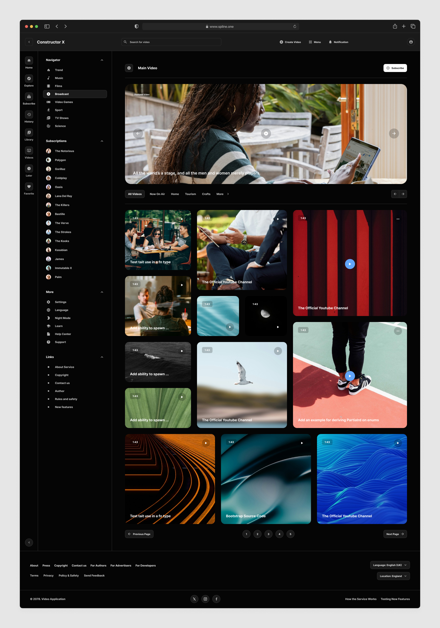 Video Service Tempaltes for Figma, Left sidebar, Content navigation bar, Content footer. Dark Mode / Black Scheme