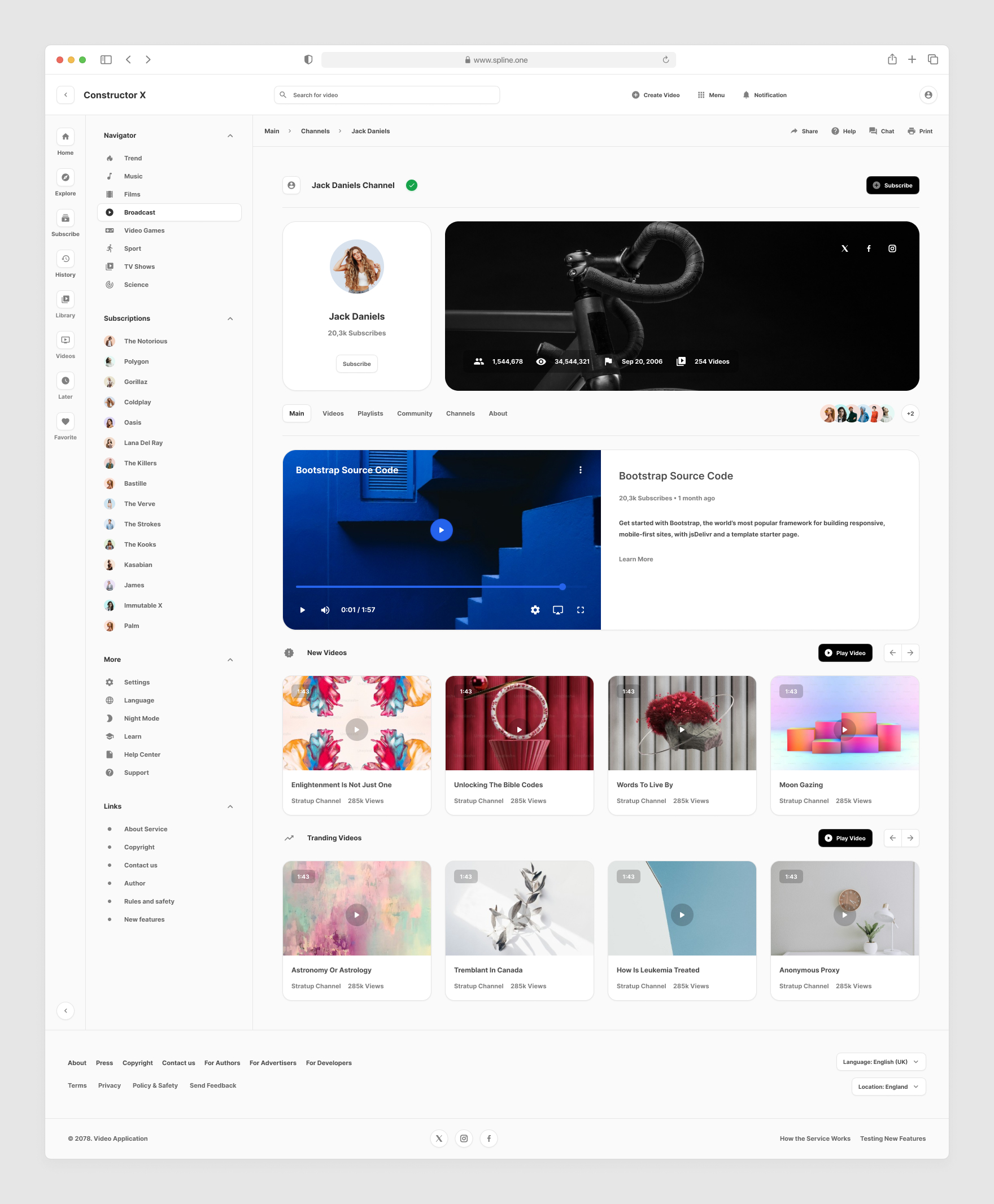 Video Service Tempaltes for Figma, Left sidebar, Content navigation bar, Content footer.