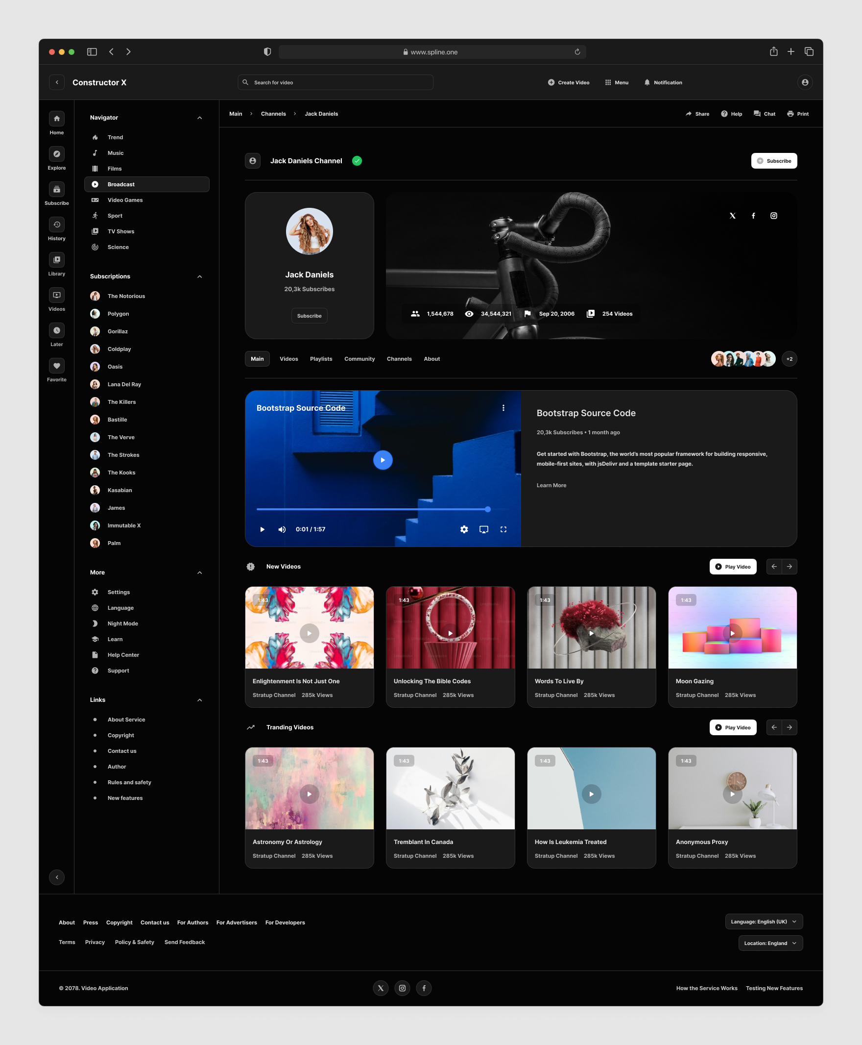Video Service Tempaltes for Figma, Left sidebar, Content navigation bar, Content footer. Dark Mode / Black Scheme
