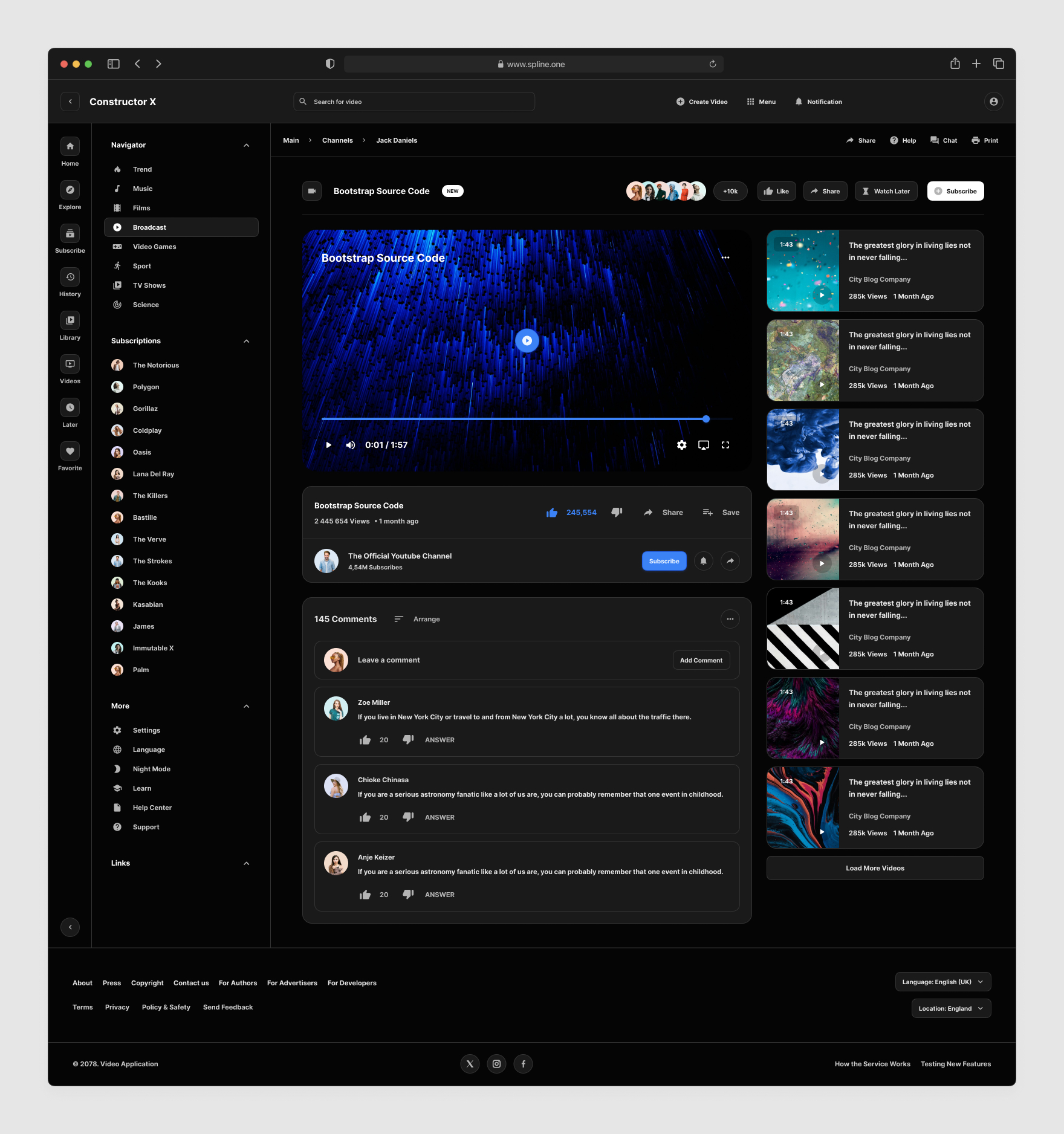 Video Service Tempaltes for Figma, Left sidebar, Content navigation bar, Content footer. Dark Mode / Black Scheme