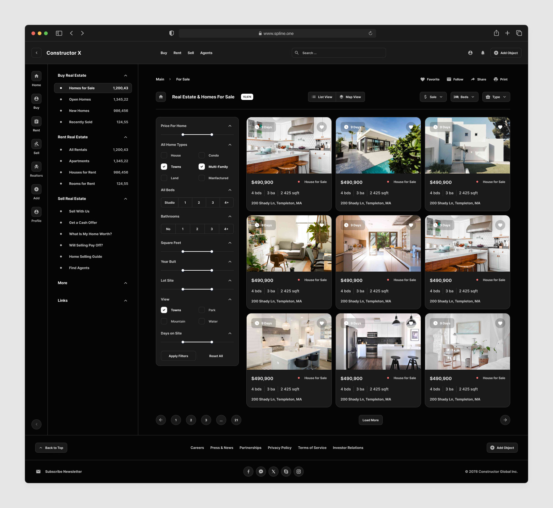 Real Estate Templates for Figma, Left sidebar, Content navigation bar, Content footer. Dark Verison / Black Mode