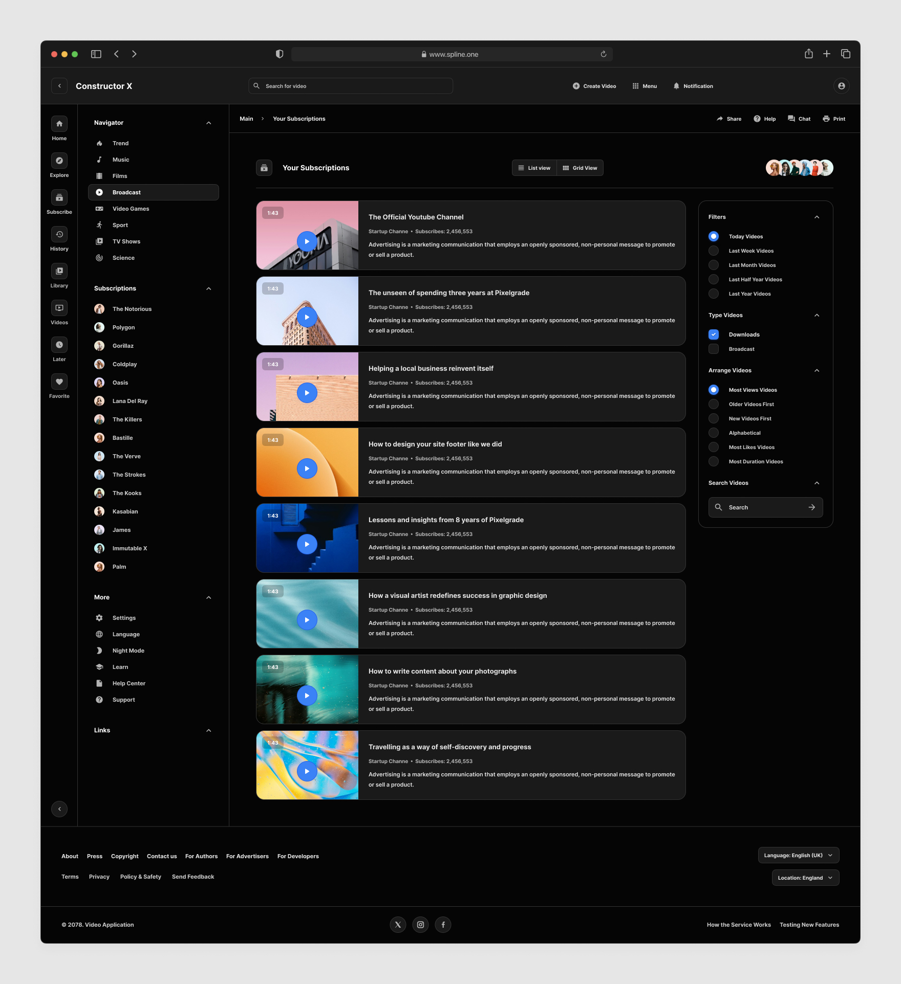 Video Service Tempaltes for Figma, Left sidebar, Content navigation bar, Content footer. Dark Mode / Black Scheme