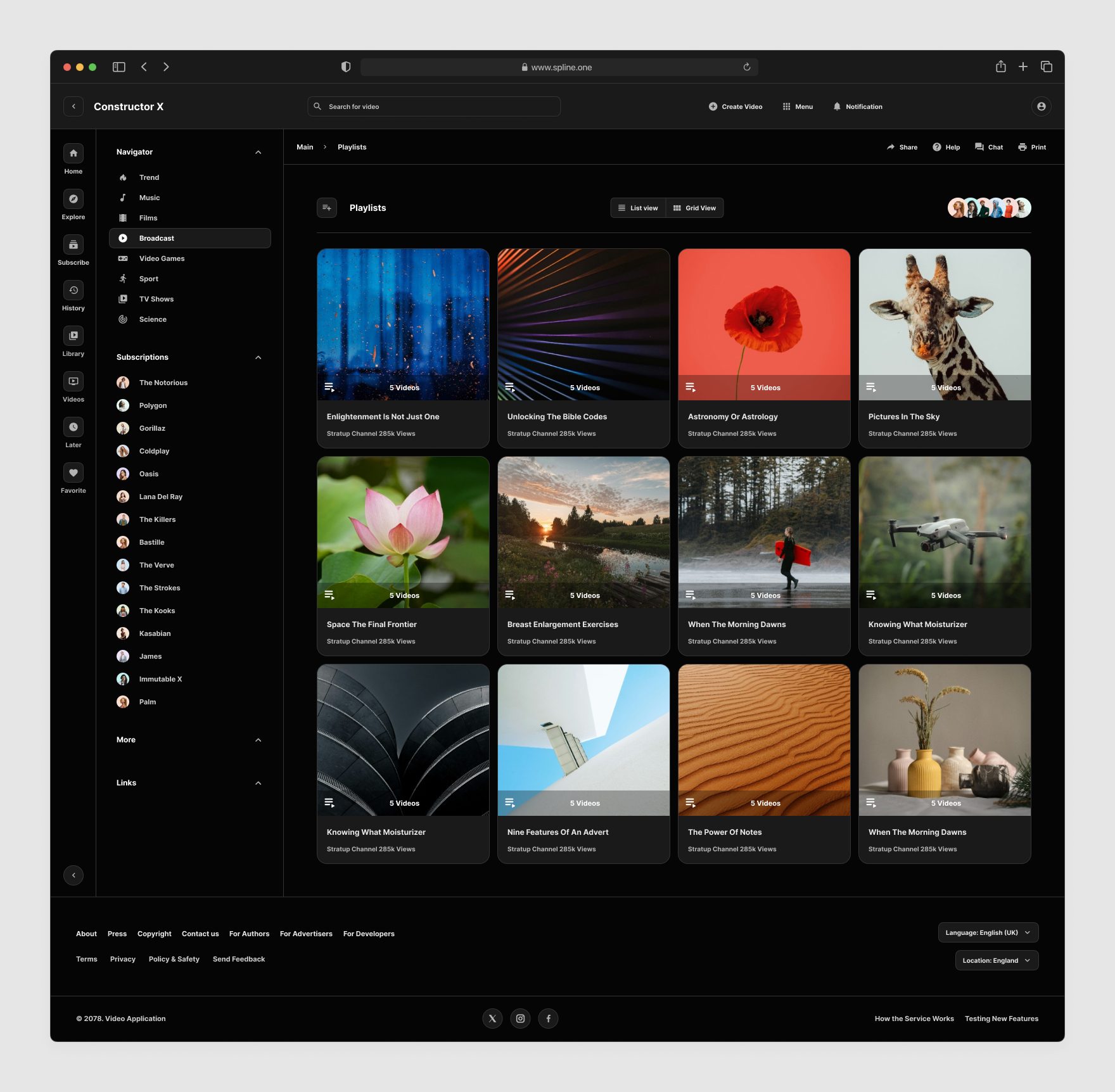 Video Service Tempaltes for Figma, Left sidebar, Content navigation bar, Content footer. Dark Mode / Black Scheme
