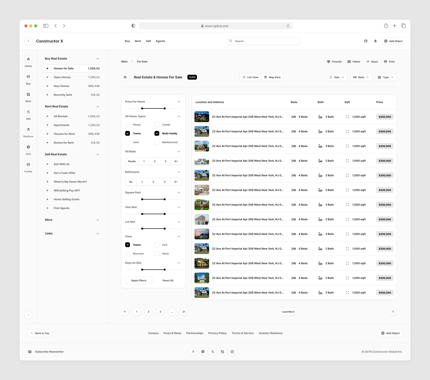Real Estate Templates for Figma, Left sidebar, Content navigation bar, Content footer. Real Estate Table Cards with filters. 
