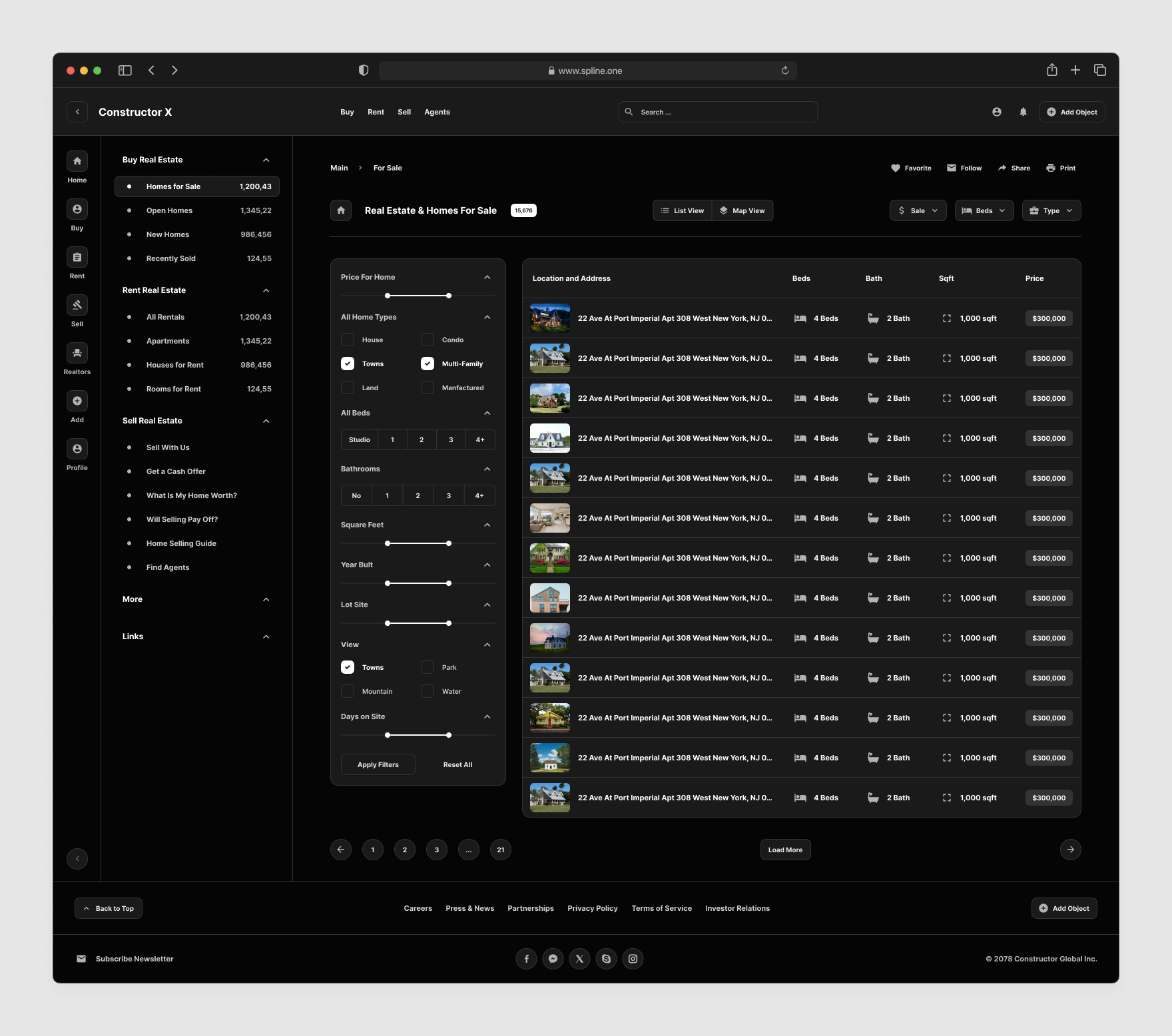 Real Estate Templates for Figma, Left sidebar, Content navigation bar, Content footer. Dark Verison / Black Mode