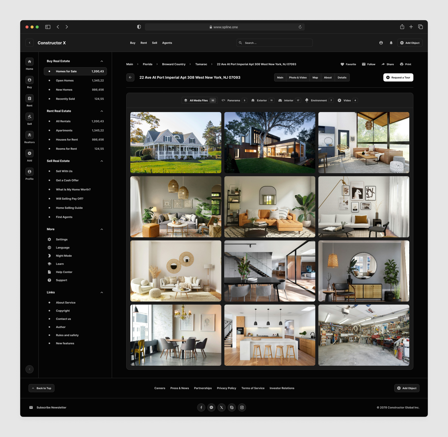 Real Estate Templates for Figma, Left sidebar, Content navigation bar, Content footer. Dark Verison / Black Mode