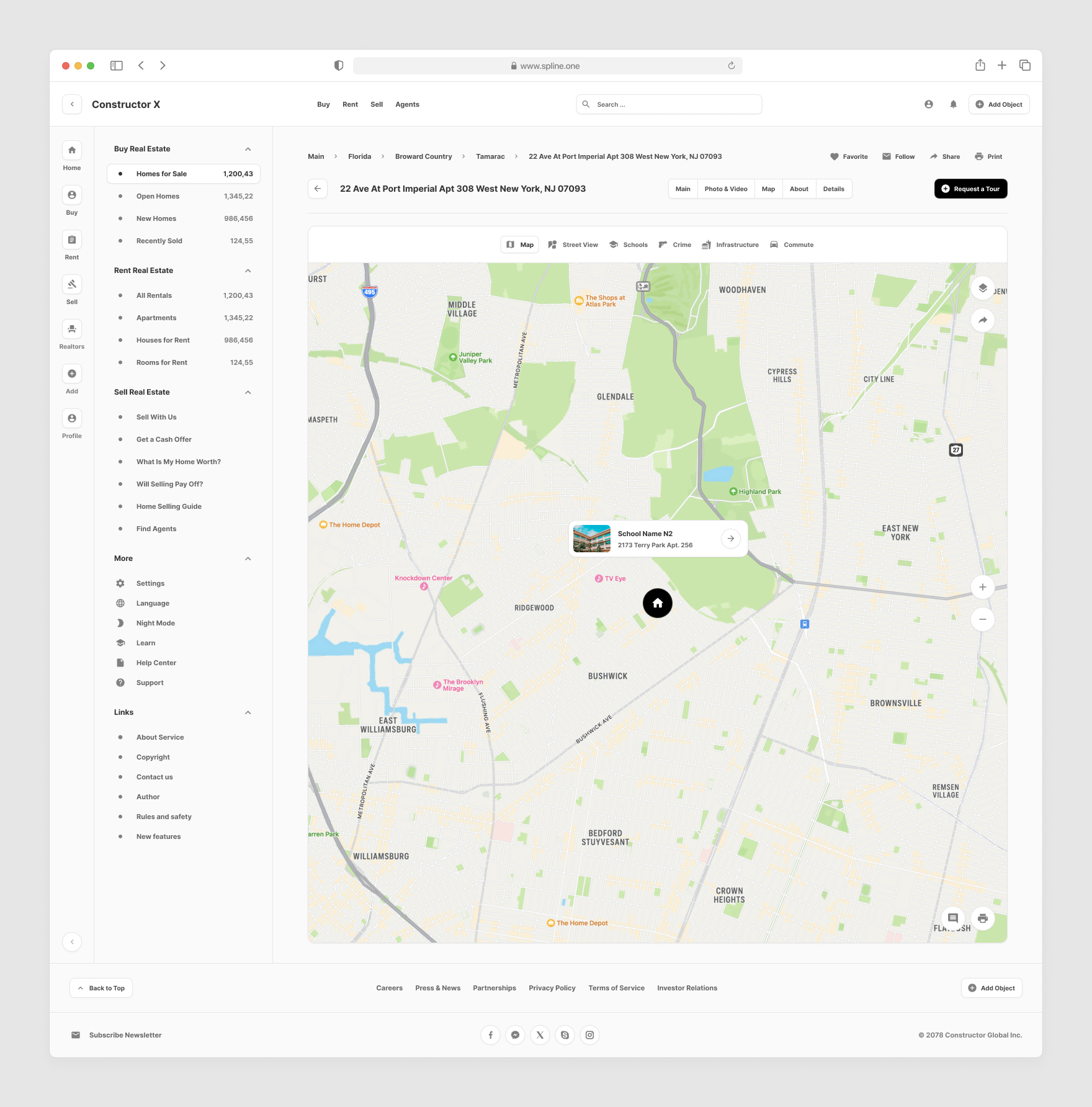 Real Estate Templates for Figma, Left sidebar, Content navigation bar, Content footer.  Map Real Estate.